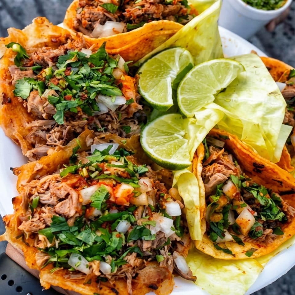 Plate of shredded-meat tacos topped with cilantro and onions, served with lime wedges, lettuce, and salsa.