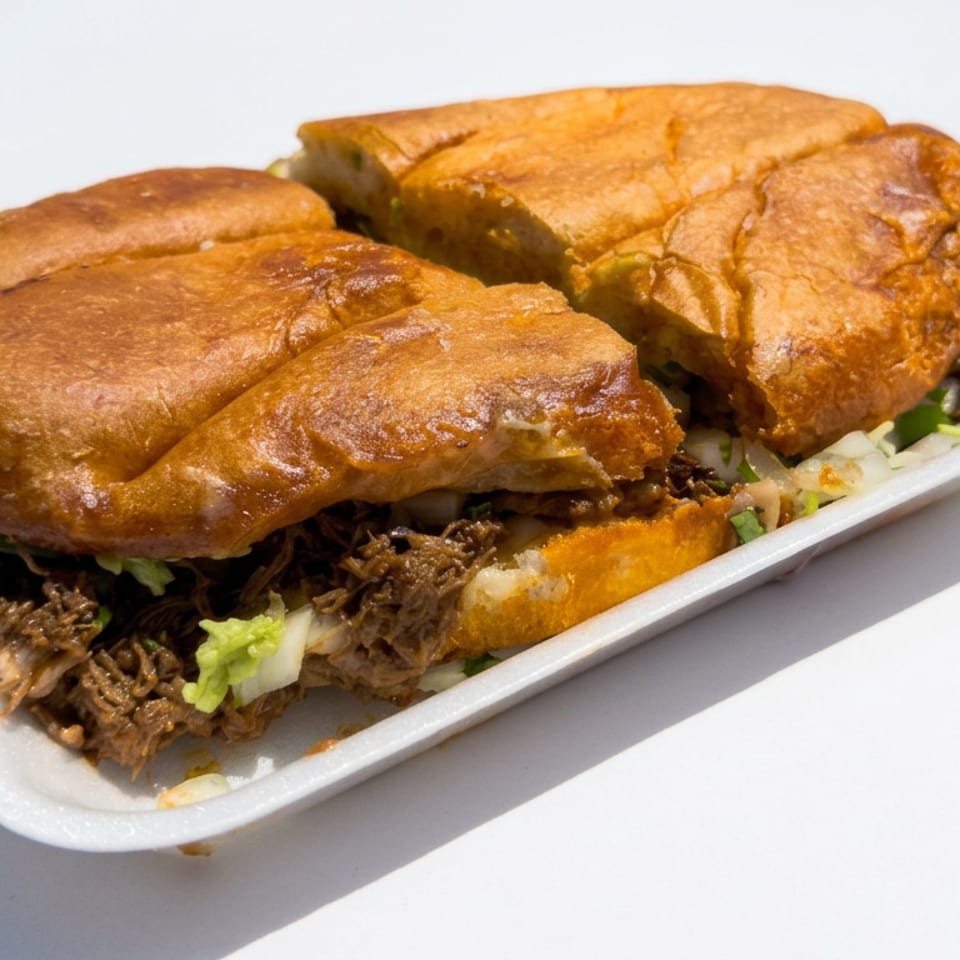 Three toasted sandwiches filled with shredded meat, lettuce, and vegetables sit on a white rectangular plate.