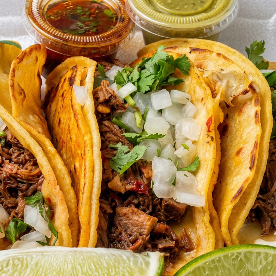 Four birria tacos topped with diced onions and cilantro, served with lime wedges and cups of red salsa and green sauce.
