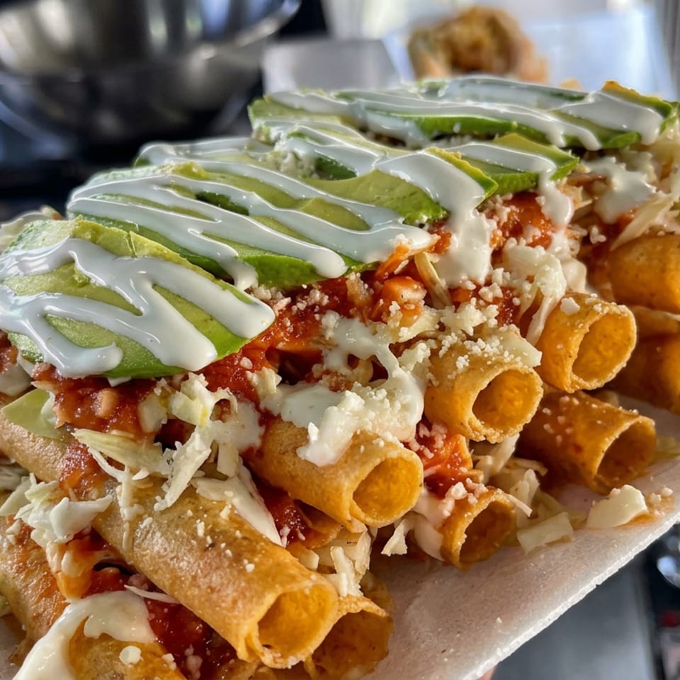 Plate of crispy rolled tacos topped with shredded cheese, red salsa, avocado slices, and white crema.