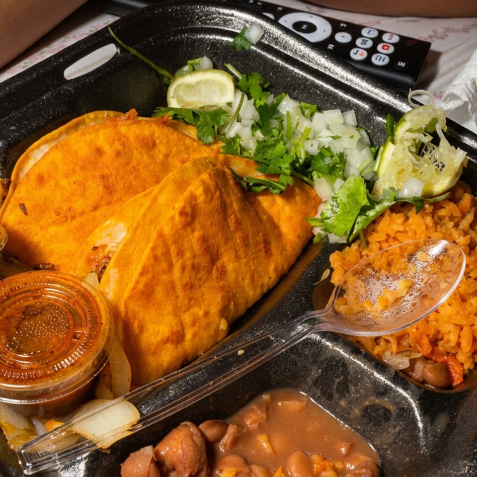 Mexican meal with golden folded tacos, seasoned rice, beans, onions, cilantro, lime, and two containers of salsa on a tray.