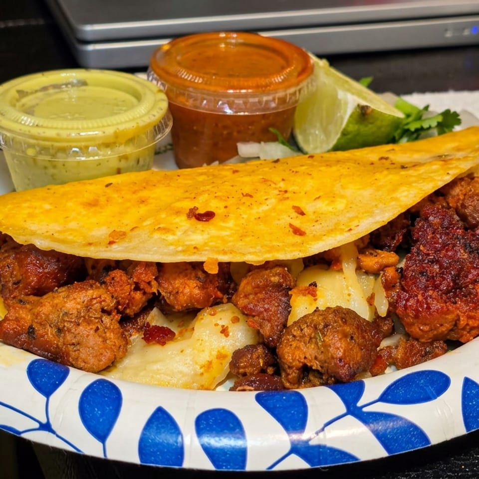 Folded golden taco filled with assorted fried meat pieces, served on a patterned plate with green and red sauces, lime, and cilantro.