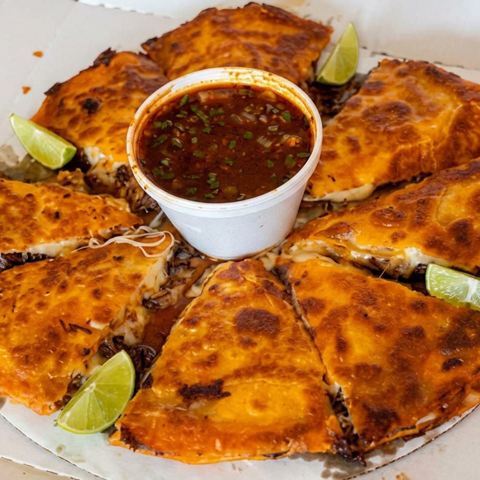 Golden-brown cheesy quesadilla wedges arranged around a cup of red salsa, garnished with lime wedges.