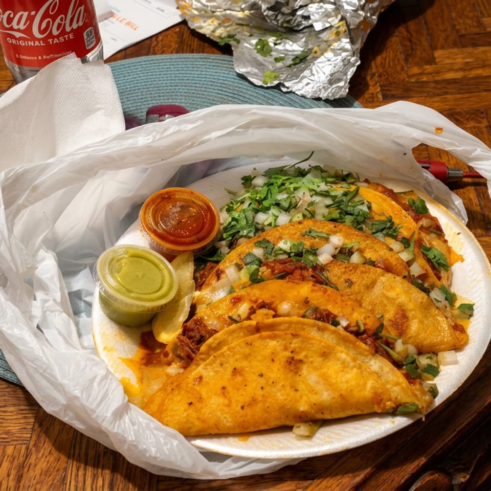 Crispy tacos topped with onions and cilantro, served with red and green salsa on a plate beside a Coca-Cola.