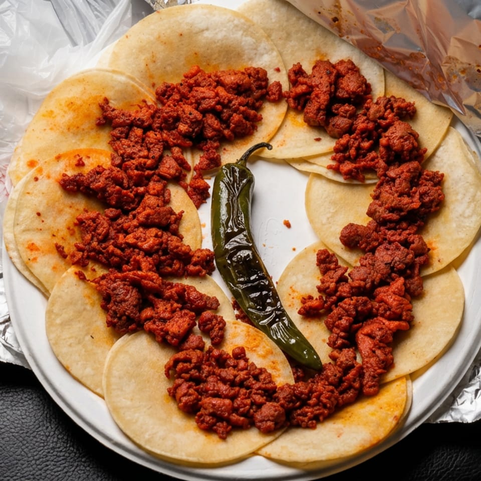 Plate of corn tortillas topped with seasoned red meat, arranged around a grilled green chili on foil.