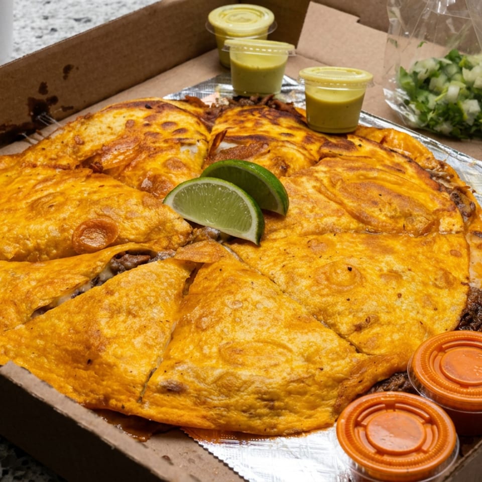Golden folded tacos arranged in a cardboard box with lime wedges, red and green sauces, and chopped cilantro.